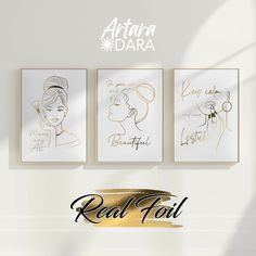 three framed art prints with the words real foil in gold and black ink on white paper