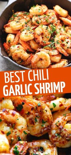 the best chili garlic shrimp recipe is in a skillet and ready to be eaten