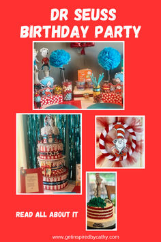 an image of a dr seuss birthday party with red and white decorations on it