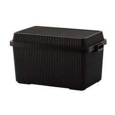 a black plastic box with handles on the top and bottom, it has a lid that is