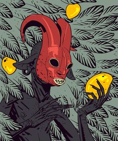 an illustration of a demon holding two lemons in his hands and wearing a mask