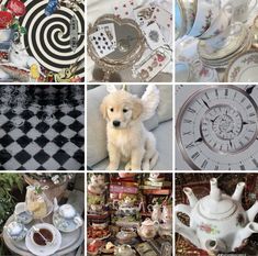 there are many different pictures that include teacups, plates and other things in this collage