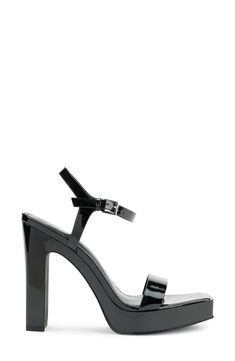 Slim straps and a square toe bring distinctive style to a retro-inspired sandal set on a modest platform and lofty block heel. 4 1/4" heel; 3/4" platform Synthetic upper, lining and sole Imported Modern Chunky Platform Heels With Ankle Strap, Modern Heels With Chunky Platform And Ankle Strap, Modern Chunky Platform Sandals With Square Toe, Chunky Platform Heels With Square Toe For Night Out, Platform Heels With Square Toe For Night Out, Square Toe Platform Heels For Night Out, Retro Inspired, Platform Sandals, Ankle Strap