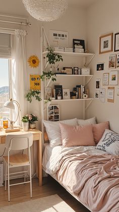 a bedroom with a bed, desk and shelves filled with pictures on the wall above it