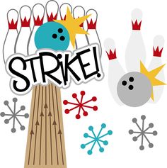 the word strike is surrounded by bowling pins and stars