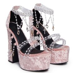 Sugar Thrillz Holy Revelation Platform Heels - Pink Cuz You're An Angelic Vision! These Platform Heels Have A Crushed Velvet Construction, Pearl Beaded Details All Over With Heart And Cross Charms, And Adjustable Velcro Strap Closures At The Ankles. Size 10 New. In Box & Bag Holy Revelation Platform Heels, Heart And Cross, Chunky Pumps, Dolls Kill Shoes, Tassel Sandals, Cute Shoes Heels, Pink Platforms, Sugar Thrillz, Fancy Shoes