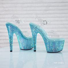 Bejeweled Collection 7" Heel,(17.75cm) 2 3/4" Platform (7cm) Clear Upper Ankle Strap Entire Platform Bottom Fully Encrusted W/Iridescent Sparkle Rhinestones Soft Cushioned Foot-Bed For Comfort New In Box Authorized Pleaser Dealer For Over 10 Years - Twf.Shoes Blue Heels With Rhinestones And Round Toe, Blue Party Heels With Rhinestones, Glamorous Light Blue Heels For Party, Red Glitter Heels, Clear Platform Heels, Mermaid Heels, Pleaser Heels, Dance Heels, Pleaser Shoes