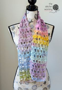 a crochet scarf is shown on a mannequin with the text lacy picots scarf free crochet pattern