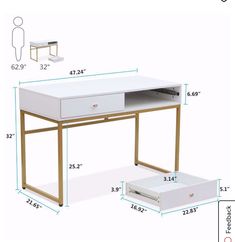 a white desk with gold legs and an open drawer underneath it, measurements for the drawers