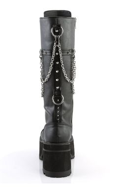 The Ranger series of platform combat boots are super comfortable.¬† The size zip makes for easy on/off, meaning these boots are the perfect for everyday comfort and style. Vegan Black PU leather 3 3/4 inch heel 2 1/2 inch platform Lace up Knee length Draping chains U.S sizing-refer to size chart for more info