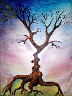 an acrylic painting of a tree with its roots exposed