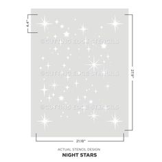 the night stars stencil is shown in white on a gray background with measurements for each