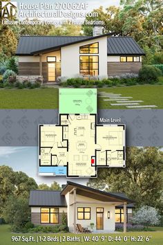 two story house plan with 3 bedroom and 2 bathrooms in the front, an open floor plan