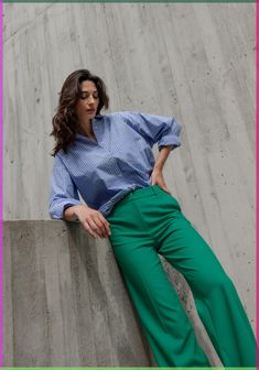 #viralvideo #tiktok #transitionvideo #makeup #trending #creative Color Business Outfits, Green Pant Work Outfit, Green Pants Professional Outfit, Colourful Trousers Outfit, Colorful Outfit Summer, Bright Green Trousers Outfit, Outfit Color Combinations Ideas, Colourful Business Outfit