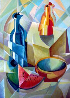 a painting of watermelon and bottles on a table