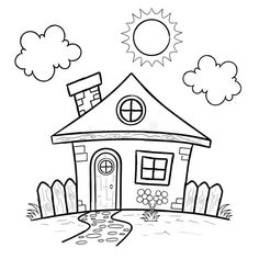 a drawing of a house with the sun in the sky and clouds above it royalty illustration