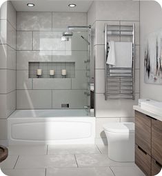 a bathroom with a toilet, sink and bathtub next to a wall mounted towel rack