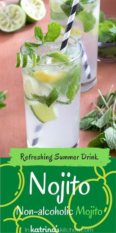 two glasses filled with mojito and limeade on top of a wooden table