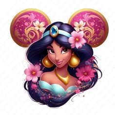 disney princess pocahon with flowers in her hair and earrings, surrounded by pink