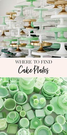 there are many green plates on the table with words where to find cake platters