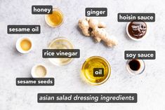 an assortment of ingredients for cooking oil on a white counter top with words describing them