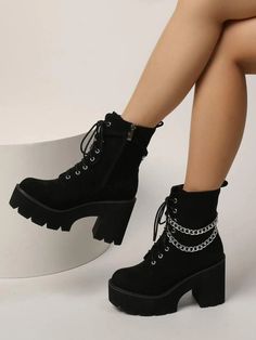 Combat Boot Reference, Black Boots With Chains, Black Platform Combat Boots, Cool Black Boots, Cool Boots Women, Emo Shoes Aesthetic, Shoes With Chains, Shoe Inspo Women, Egirl Boots