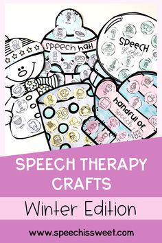 a pile of speech therapy crafts with the title january speech therapy crafts written in black and white