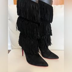 Authentic Christian Louboutin Suede Fringe Pointed Toe Boots Black Pointed-Toes With Fringe Trim Accent Goid Condition,With Brand New Bottom Protection To The Soles,Minor Fading At Heels , Minor Scuff At Heel Size 39.5 Europe Heels: 4.25" I Recommend To Know Your Size In Louboutins For Proper Fit Because They Runs Half To Whole Size Smaller Color: Black No Dust Bags Gorgeous Boots Suede Fringe Boots, Gorgeous Boots, Christian Louboutin Heels, Pointed Toe Boots, Fringe Boots, Crochet Halter Tops, Toe Boots, Suede Fringe, Distressed Black Jeans