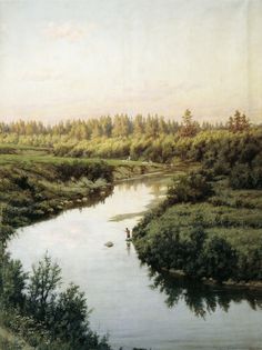 a painting of a man fishing in a river with trees and grass around him,