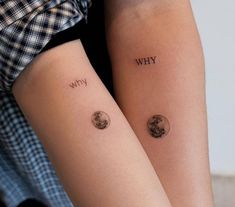 two tattoos that say why and why on their arms, both with the same moon