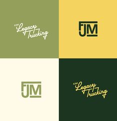 four different logos with the words j m and j m written in white on green, yellow