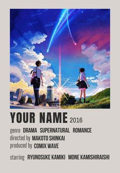 the poster for your name, featuring two people standing in front of a sky background