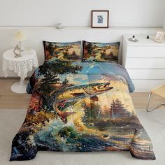 a bed with a painting on it in a room