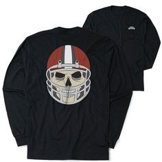 a black long sleeve shirt with a football helmet on the front and skull in the back