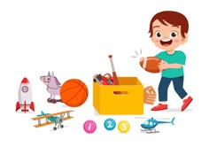 a young boy is playing with toys in the box and other items are around him