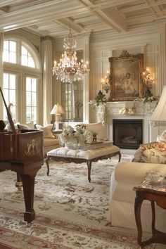 a living room filled with furniture and a grand piano