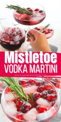 two martinis with cranberries and rosemary garnish in them, one is vodka