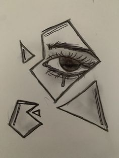 a pencil drawing of an eye with triangles and shapes in the foreground, on a white paper background