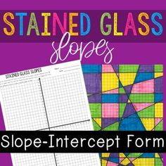 stained glass squares with the text slope - intercept form on it, and an image of a