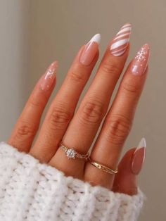 Christmas nail inspo, holiday nails, Santa nails, red nails, French nails, sparkly nails, new years nails, white acrylic nails, snowflake nails, bow nails, red bow nails, holiday nail trend, pink French nails Snowflake Nails, New Year's Nails, Stick On Nails, Holiday Nails, Nude Nails, False Nails