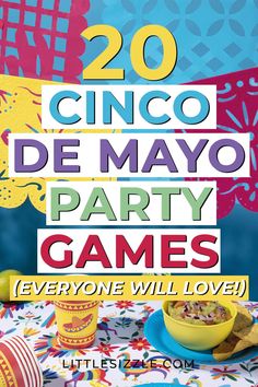 an advertisement for cinco de mayo party games with mexican food and drinks on the table