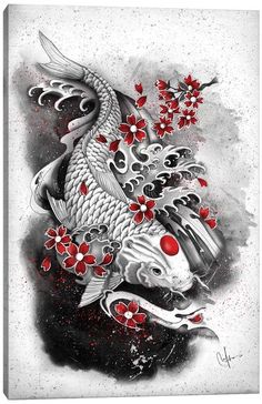 a drawing of two koi fish with red flowers on it