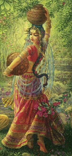 a painting of a woman carrying baskets on her head in the woods with flowers and grass