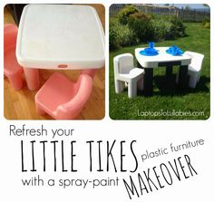 there are pictures of plastic furniture in the yard and on the lawn with text overlay that says refresh your little tiks plastic furniture with a spray paint makeover