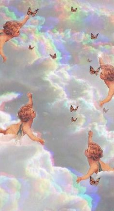 an image of a woman flying in the sky with butterflies