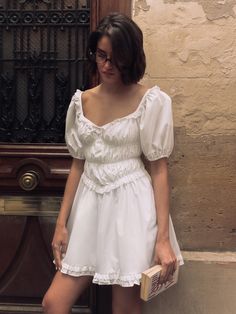 Mini dress with elasticated waist and lace ruffles :: LICHI - Online fashion store French Minimalist Wardrobe, Fashion Style Guide, Elegant Midi Dresses, Online Fashion Store, Romantic Dress, Swimwear Shorts, Satin Maxi Dress, Pinterest Fashion, Dress Silhouette