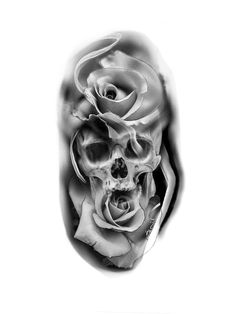 a black and white photo of a skull with a rose on it's side