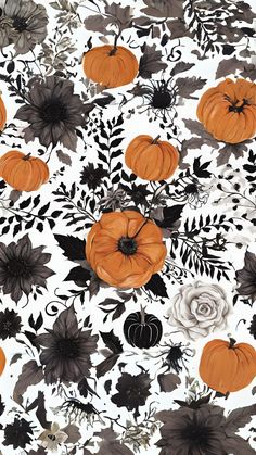 an image of pumpkins and flowers on a white background with black leaves in the foreground