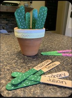 a potted plant sitting on top of a counter next to some wooden name tags