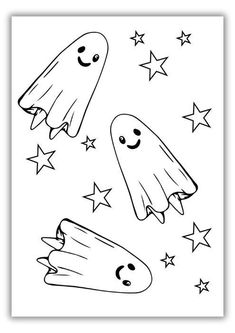 a black and white drawing of two ghostes flying through the sky with stars around them